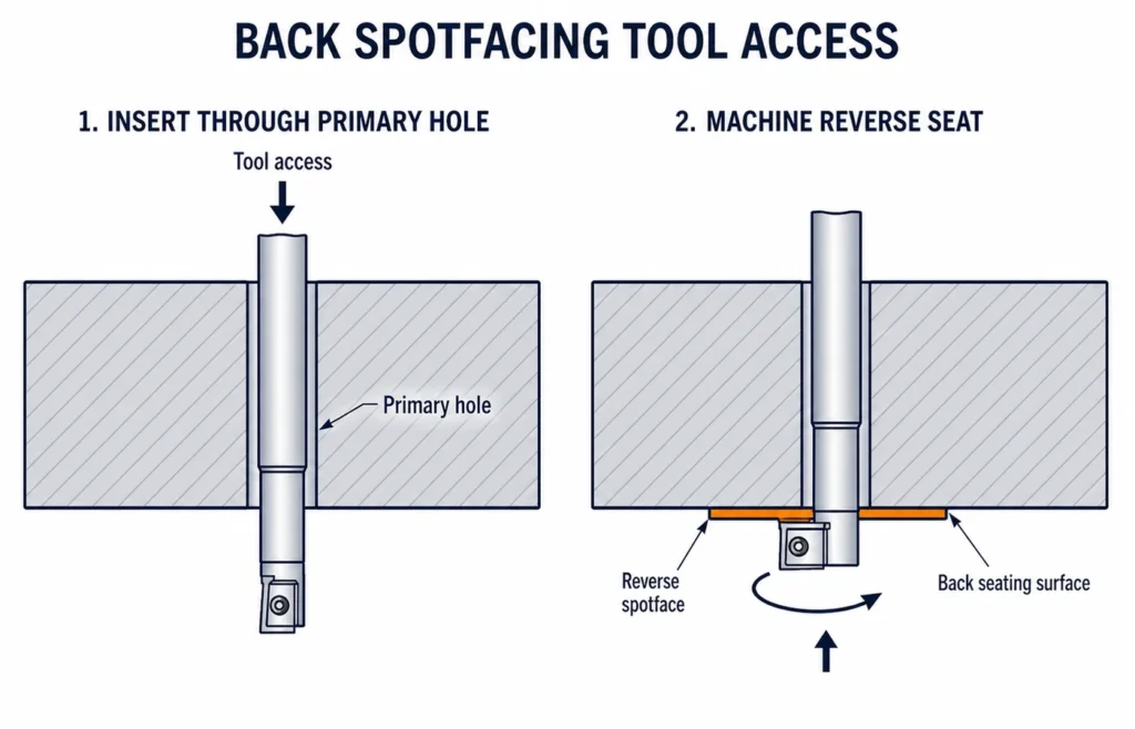 Back spotfacing tool access through a machined hole to create a reverse seating surface