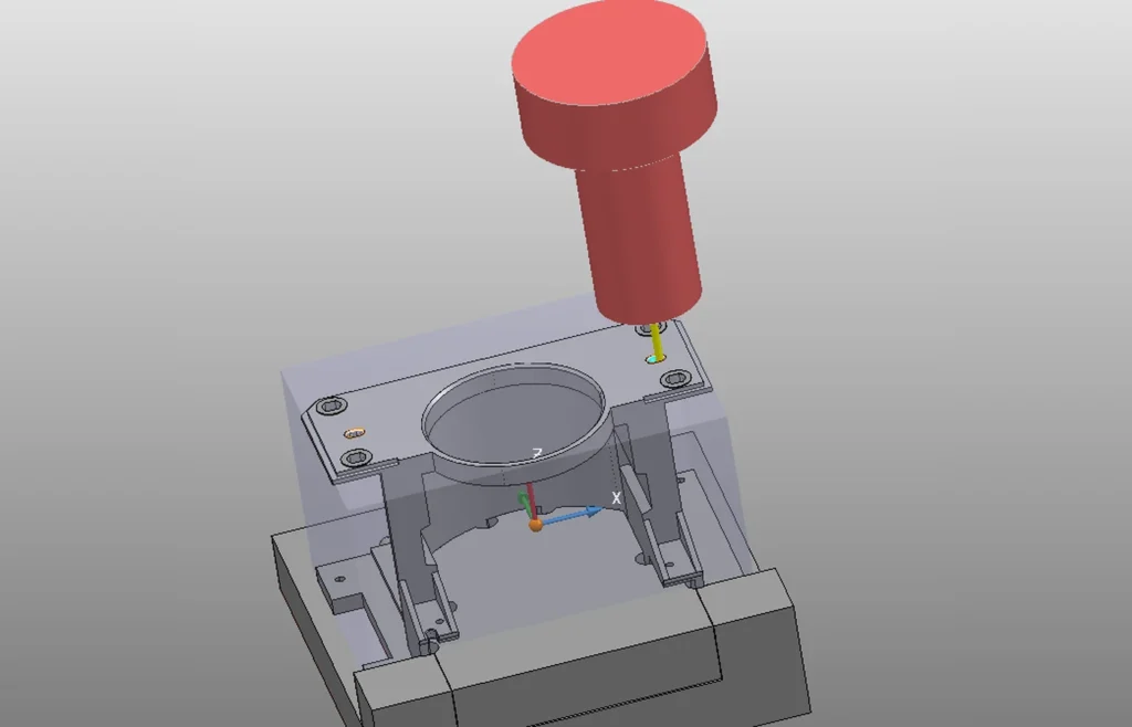 CAM setup showing a CNC tool and holder above a fixtured workpiece for tool-access and local-clearance review