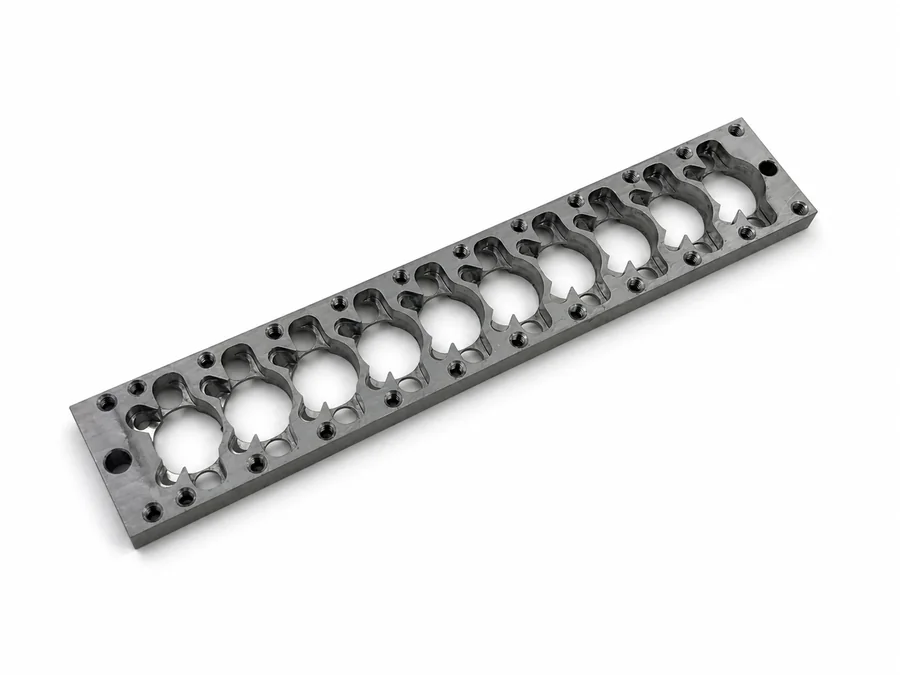 Real carbon steel CNC machined plate with repeated cavities and threaded holes