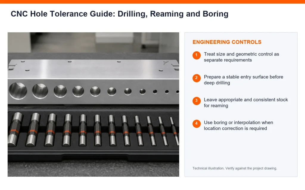 Orange engineering-control infographic for CNC hole tolerance