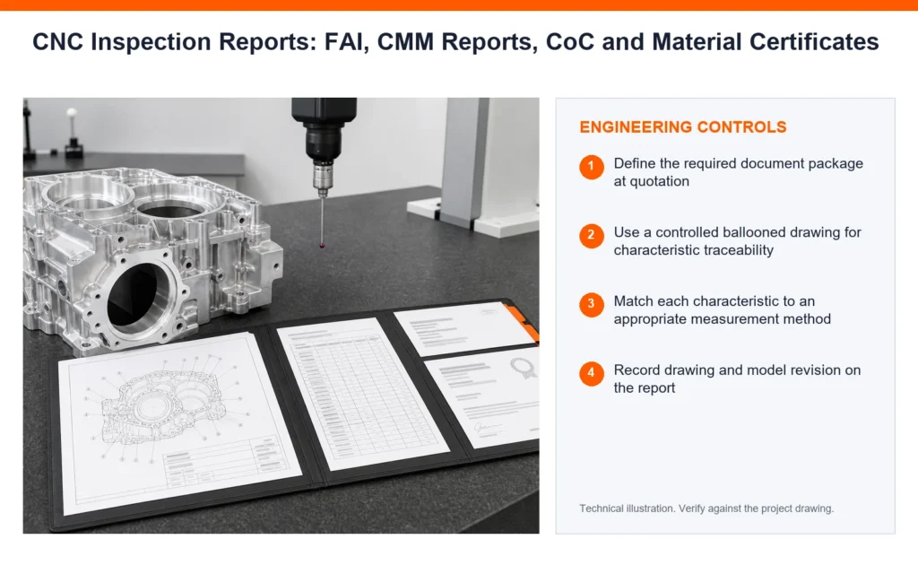 Orange engineering-control infographic for CNC inspection reports