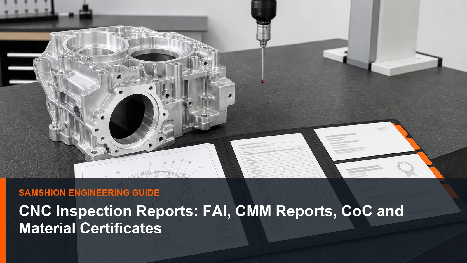 Technical illustration of CNC inspection reports for manufacturing planning