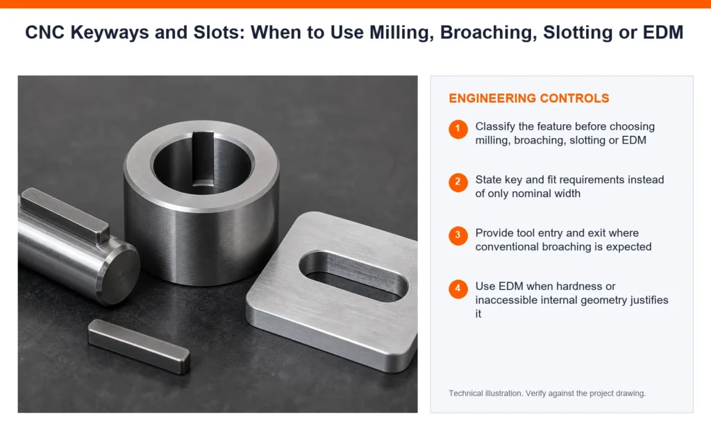Orange engineering-control infographic for CNC keyways and slots