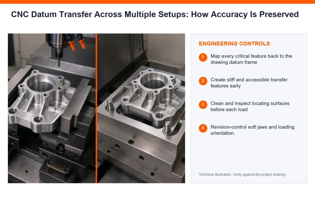 Orange engineering-control infographic for CNC datum transfer