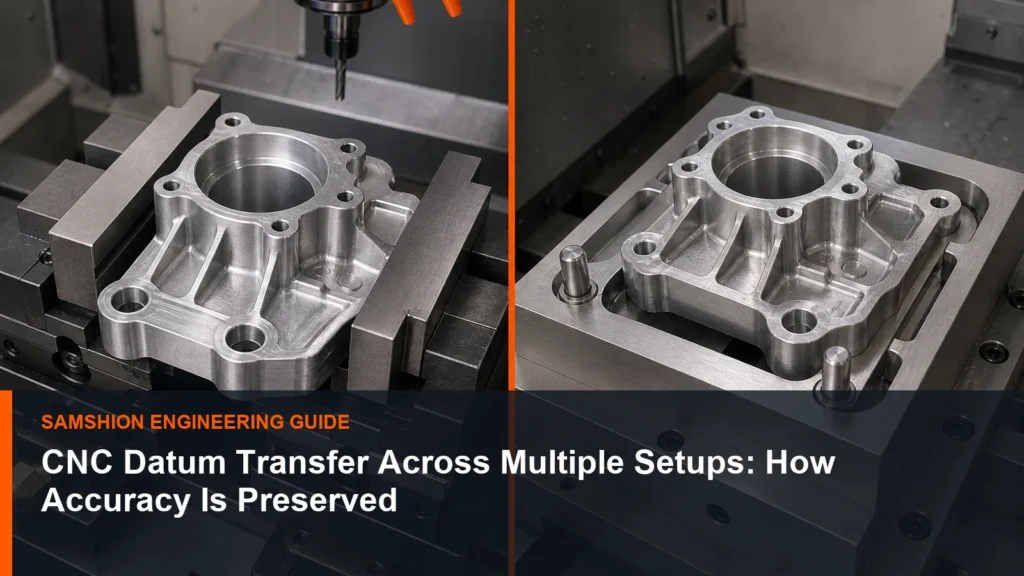 Technical illustration of CNC datum transfer for manufacturing planning