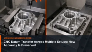 Technical illustration of CNC datum transfer for manufacturing planning