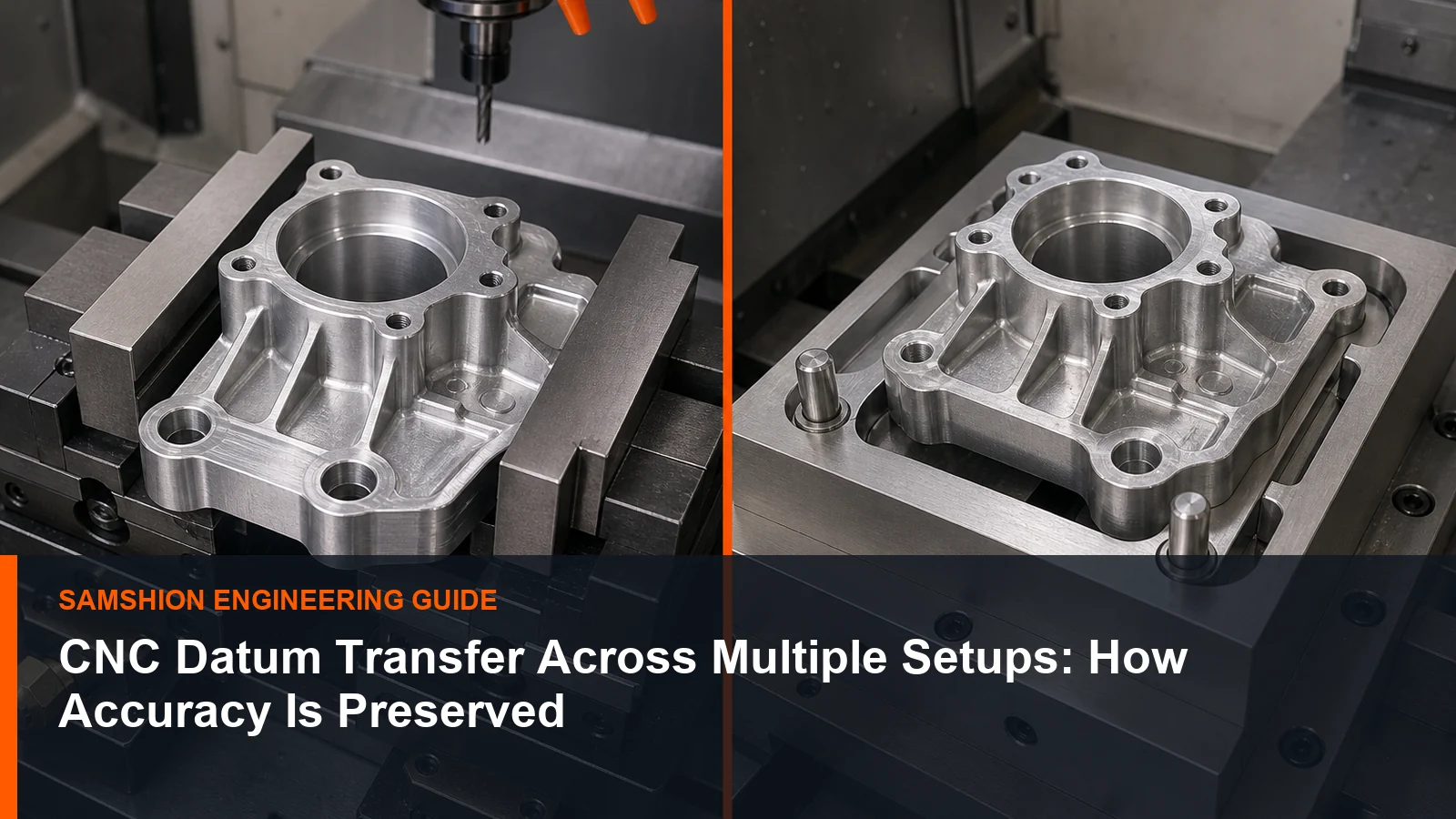 Technical illustration of CNC datum transfer for manufacturing planning