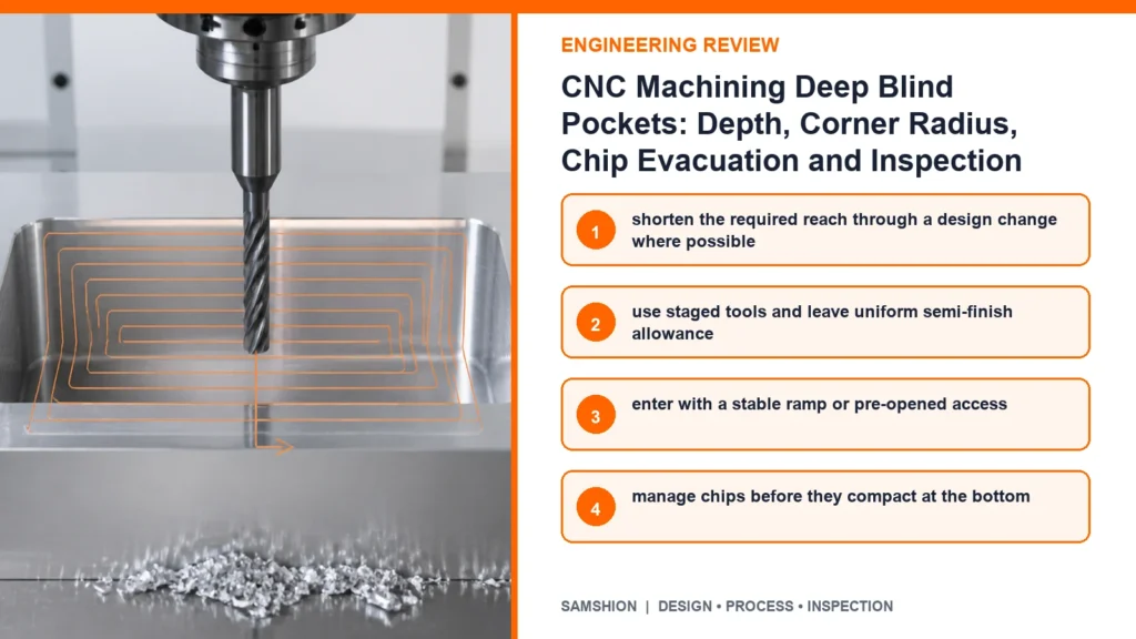 Engineering controls infographic for CNC machining deep pockets