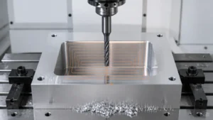 Engineering manufacturing scene illustrating CNC machining deep pockets