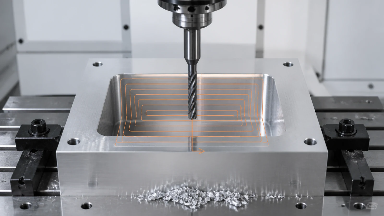 Engineering manufacturing scene illustrating CNC machining deep pockets
