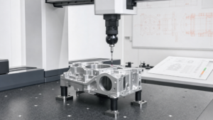 CMM inspecting a precision CNC machined aluminum component