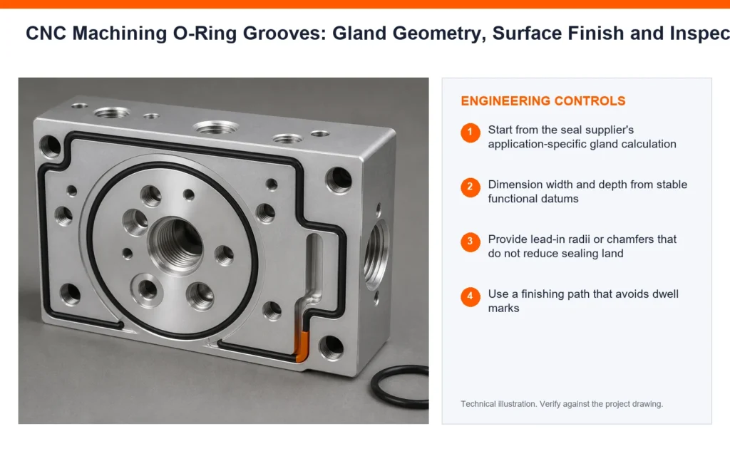 Orange engineering-control infographic for CNC machining O-ring grooves