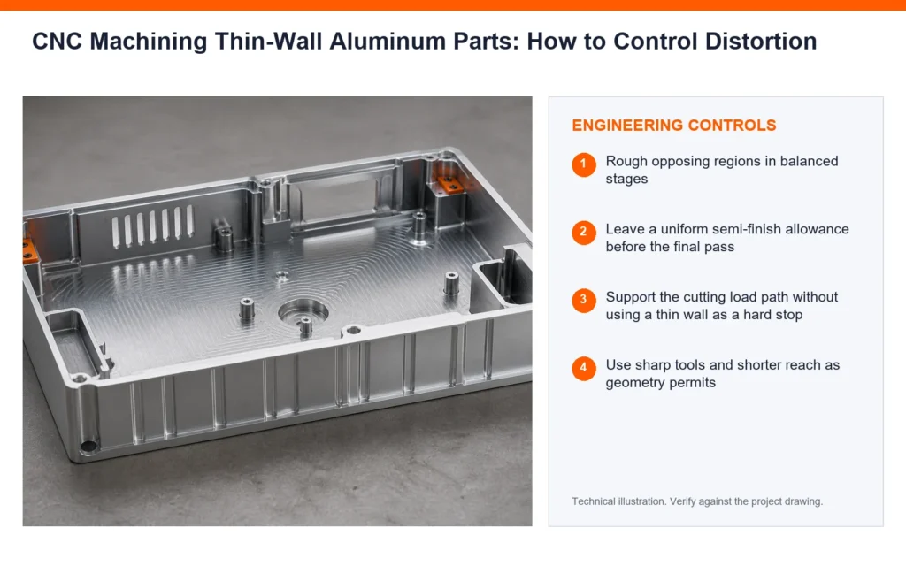 Orange engineering-control infographic for CNC machining thin-wall aluminum