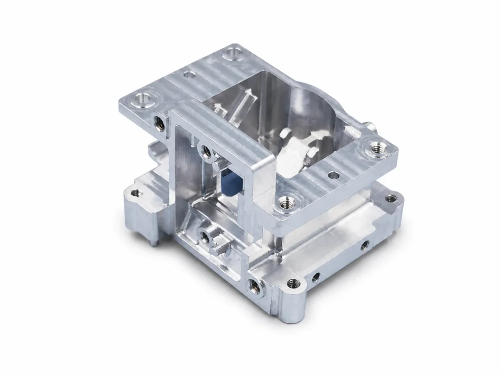 As-machined aluminum alloy component with cavities, threaded holes and multi-face features