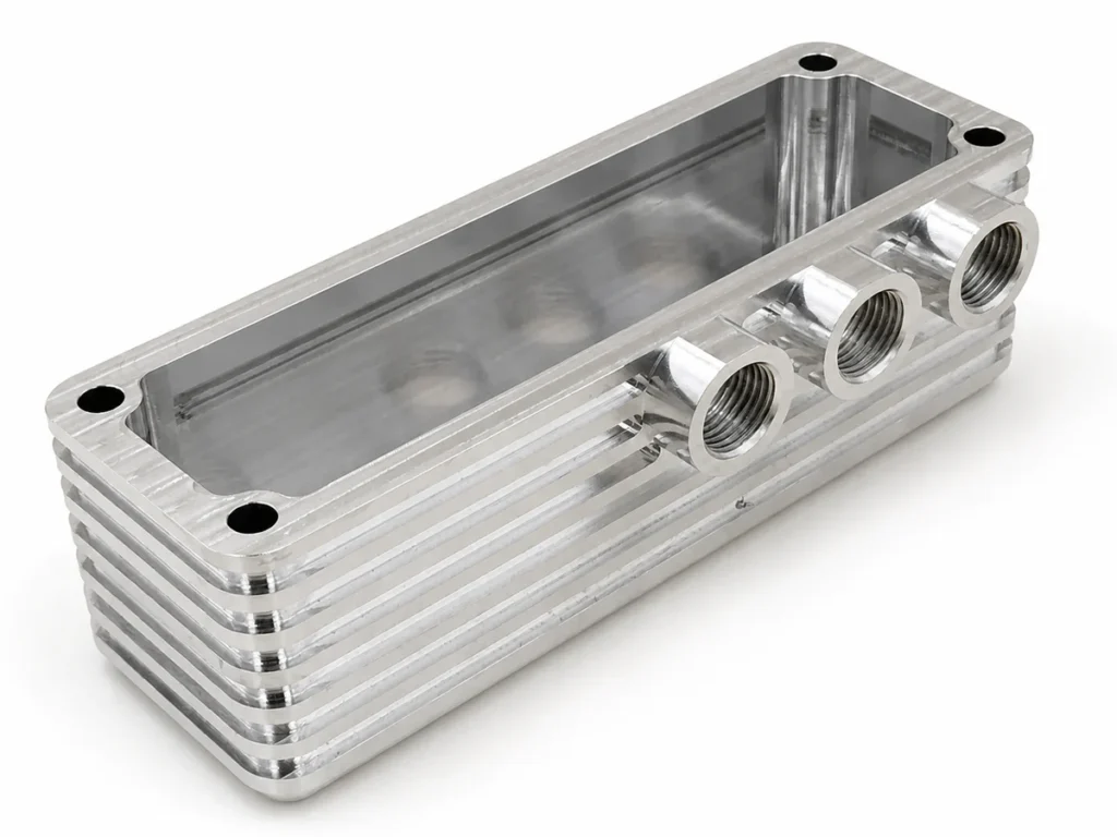 CNC-milled enclosure with a deep cavity, internal radii and threaded side ports