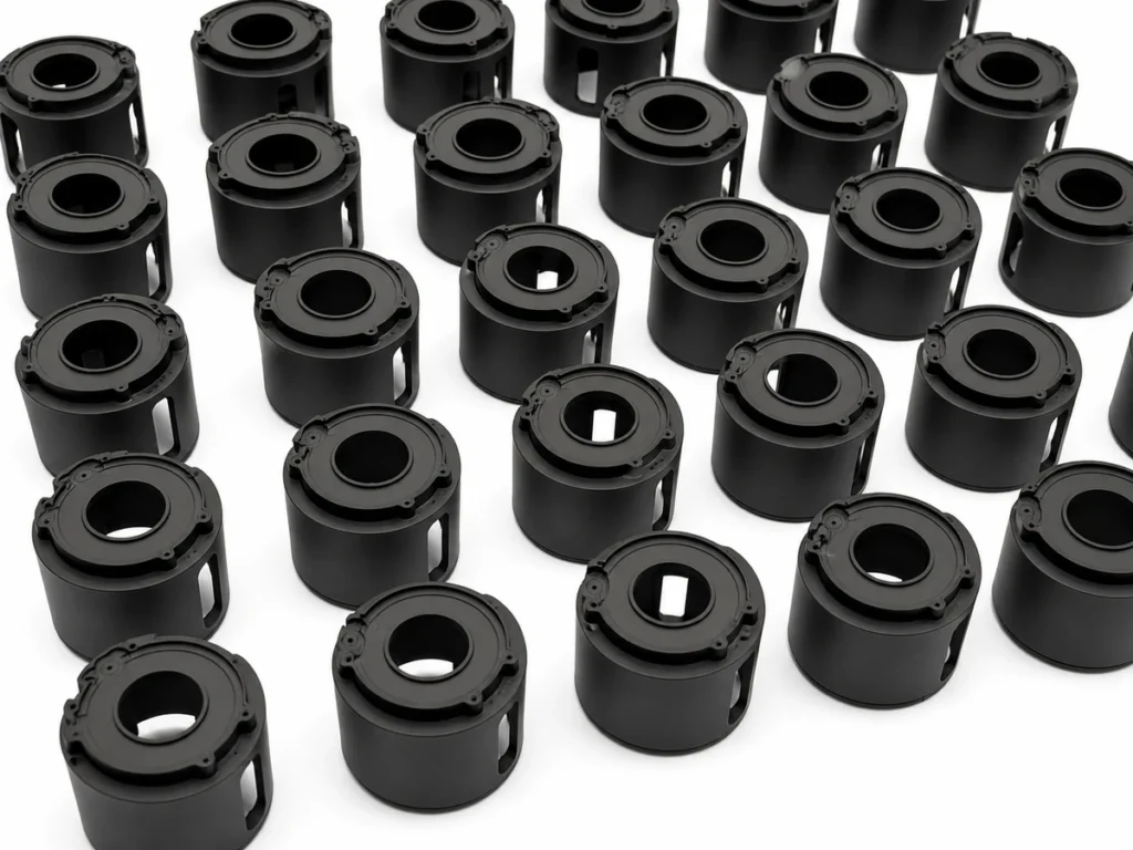 Repeat-production black cylindrical components on a white background