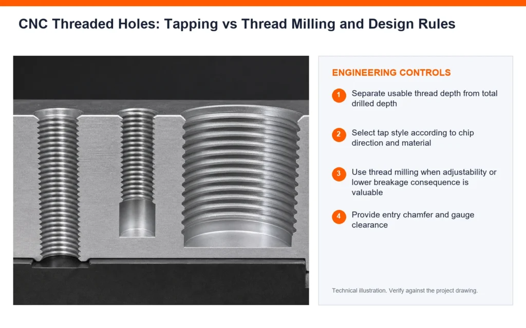 Orange engineering-control infographic for CNC threaded holes