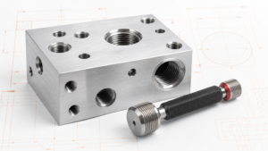 CNC machined aluminum manifold with threaded holes and thread plug gauge