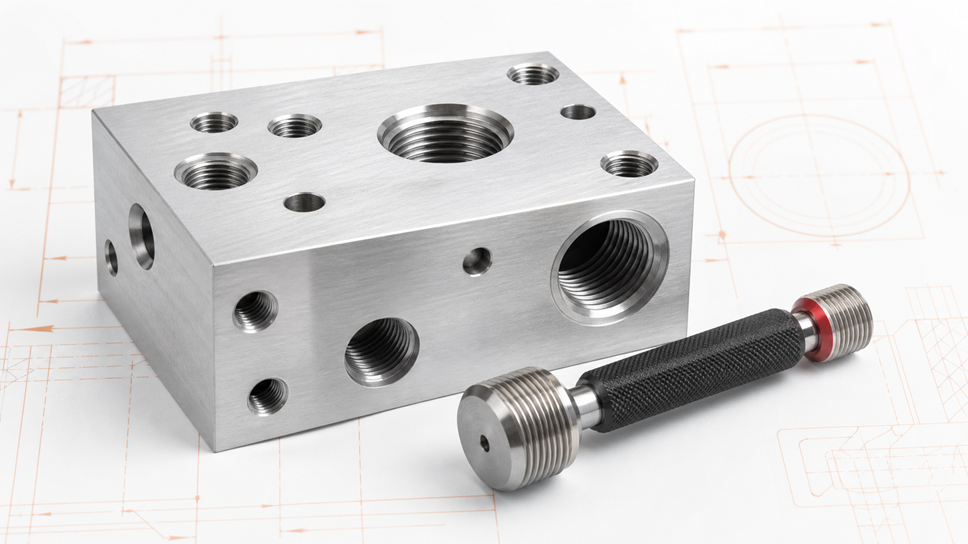 CNC machined aluminum manifold with threaded holes and thread plug gauge