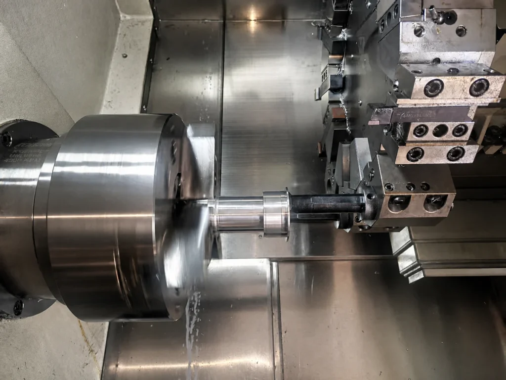 CNC turning a stepped metal shaft inside a turning center
