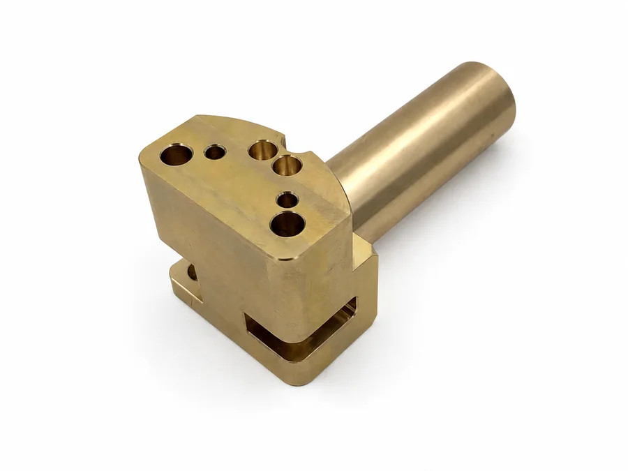 Real copper alloy CNC machined component with drilled holes and cylindrical shaft