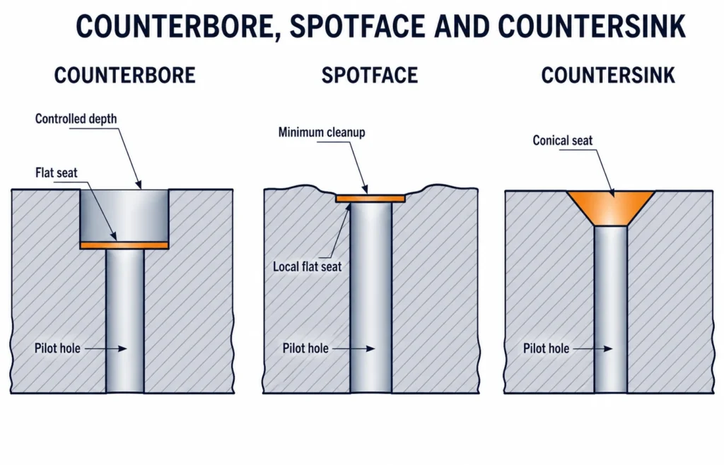 Section comparison of a counterbore, spotface and countersink around a machined hole