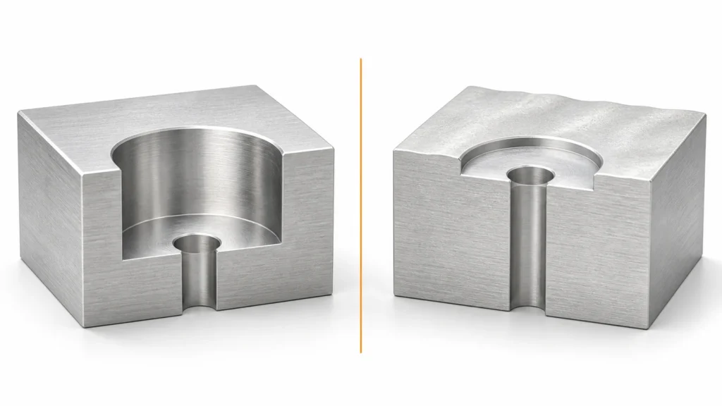 Counterbore vs spotface technical cutaway showing the difference in recess depth and seating function