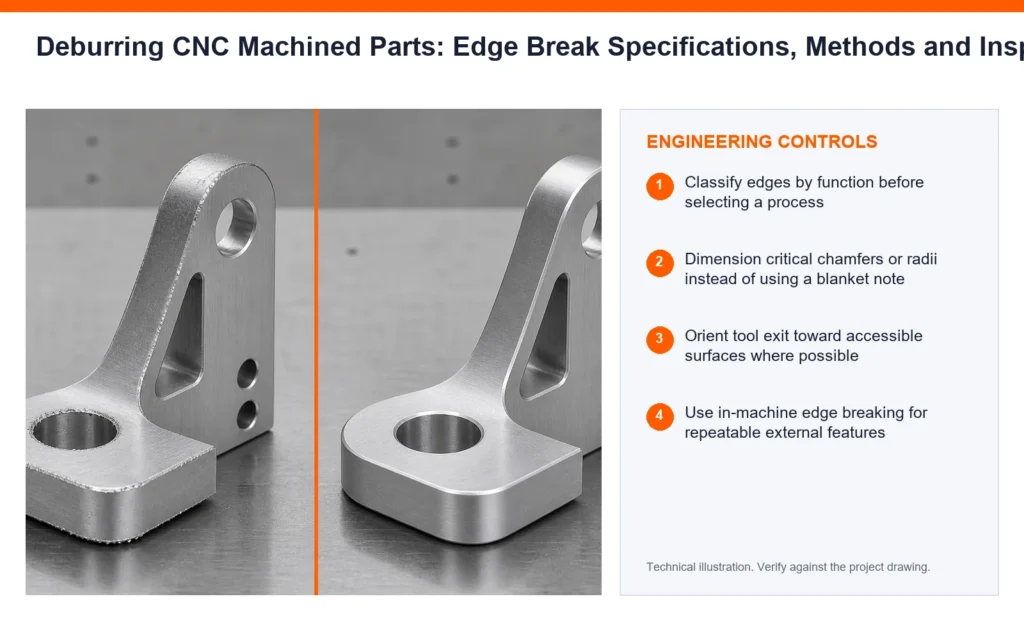 Orange engineering-control infographic for deburring CNC machined parts