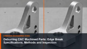 Technical illustration of deburring CNC machined parts for manufacturing planning