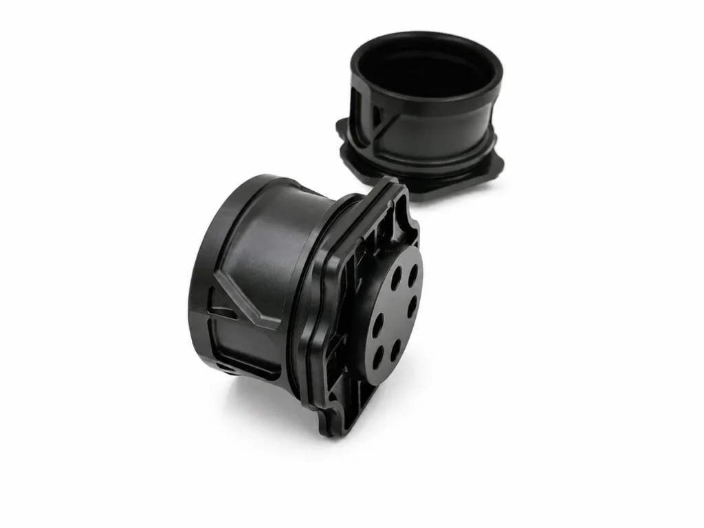 Two black POM components produced by five-axis CNC milling for low-volume production