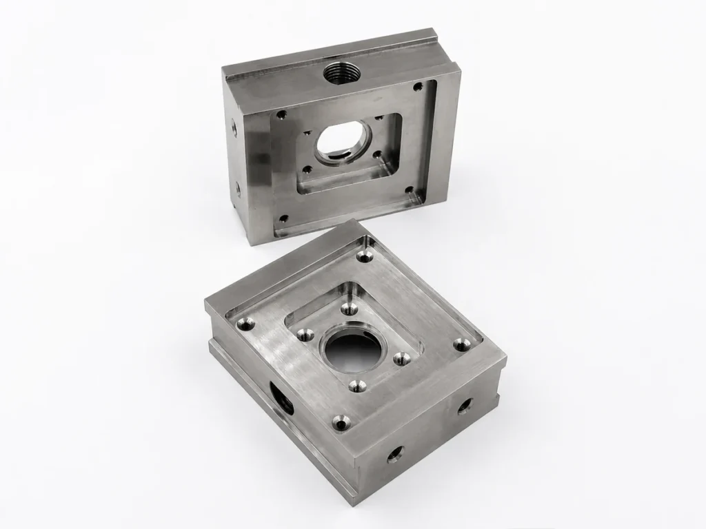 304 stainless-steel component with machined pockets and holes produced by five-axis CNC milling