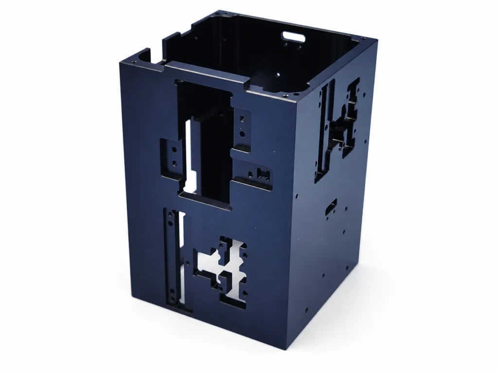 Blue-anodized 6061-T6 prototype housing produced by five-axis CNC milling