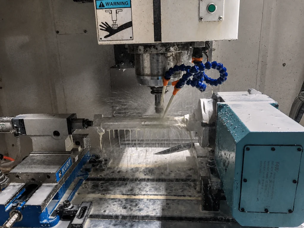Four-axis CNC milling machine with a rotary axis, spindle and workholding setup
