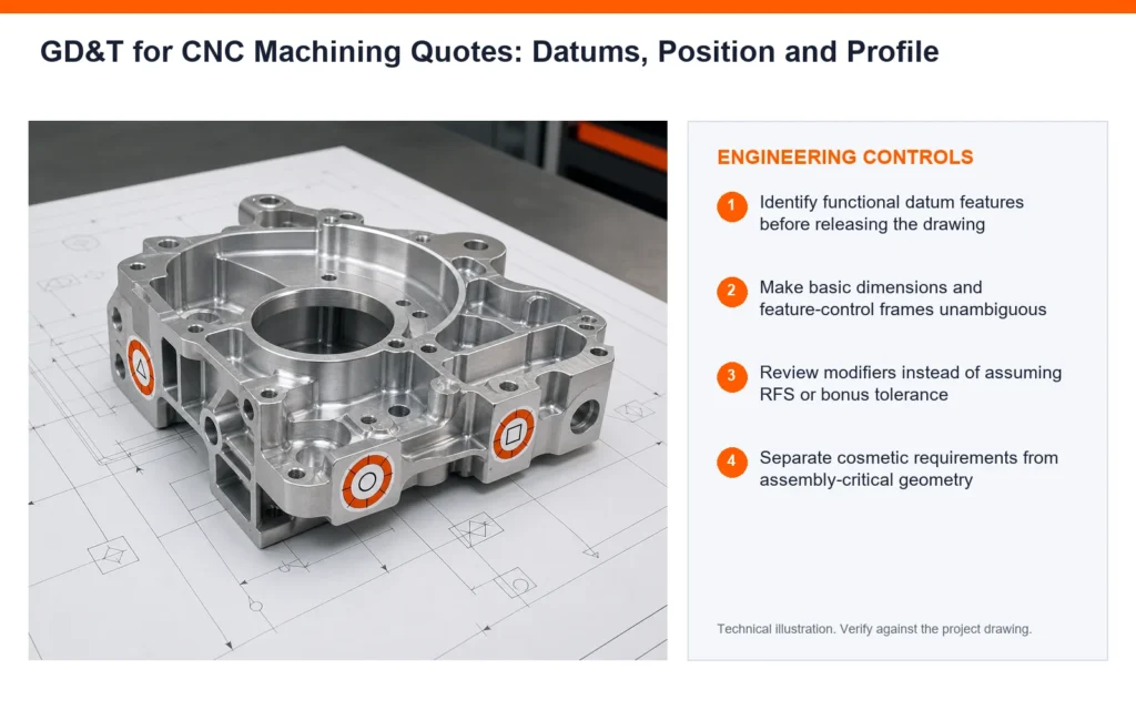 Orange engineering-control infographic for GD&T for CNC machining