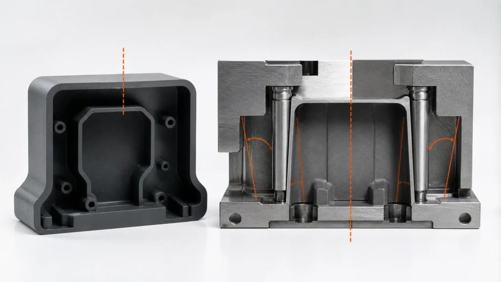 Engineering manufacturing scene illustrating injection molding draft angle