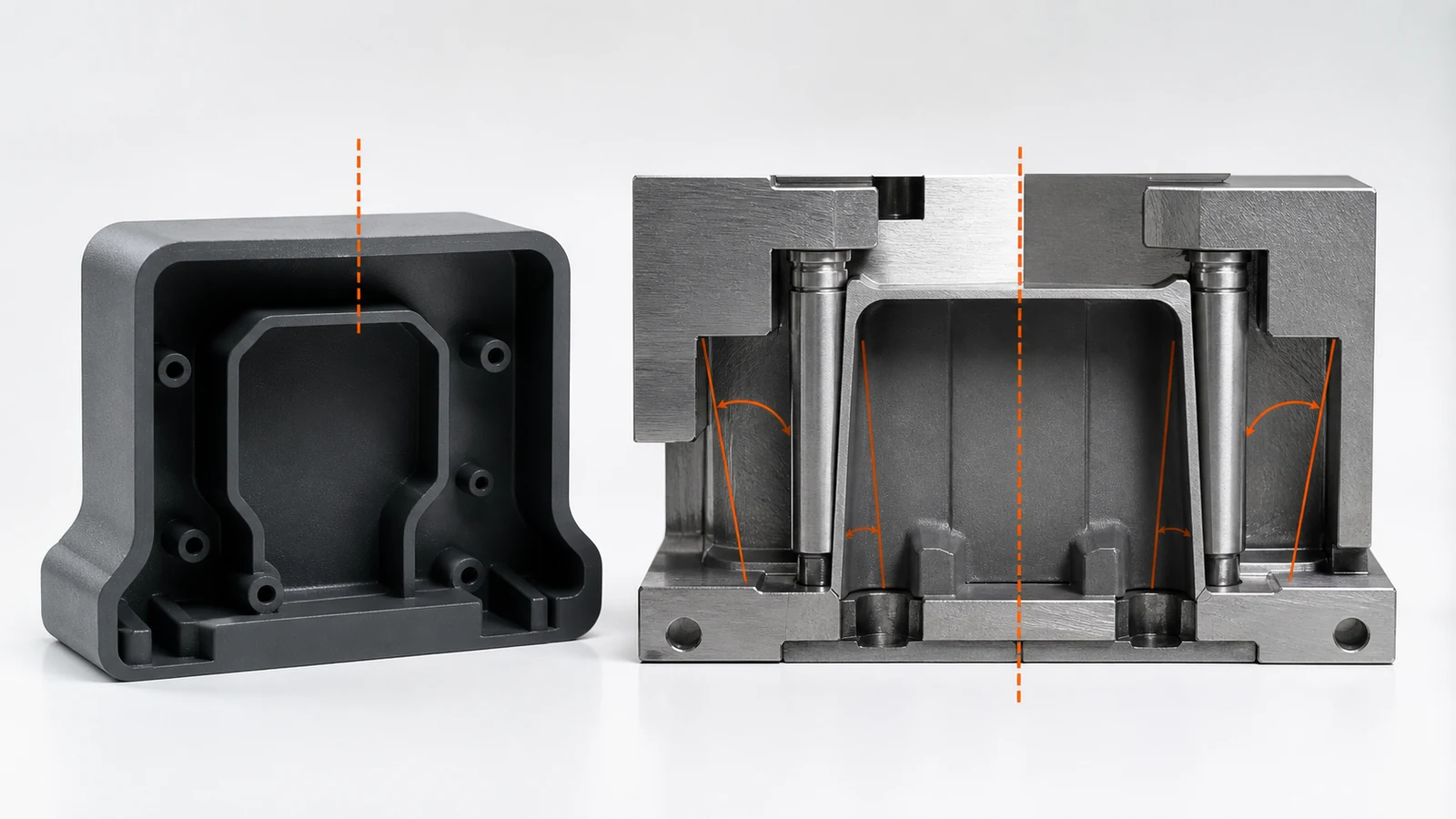 Engineering manufacturing scene illustrating injection molding draft angle