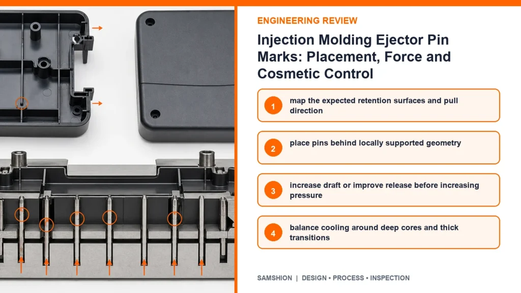 Engineering controls infographic for injection molding ejector pin marks