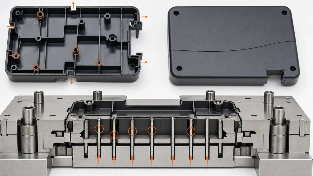 Injection molding ejector pin marks placement and cosmetic control