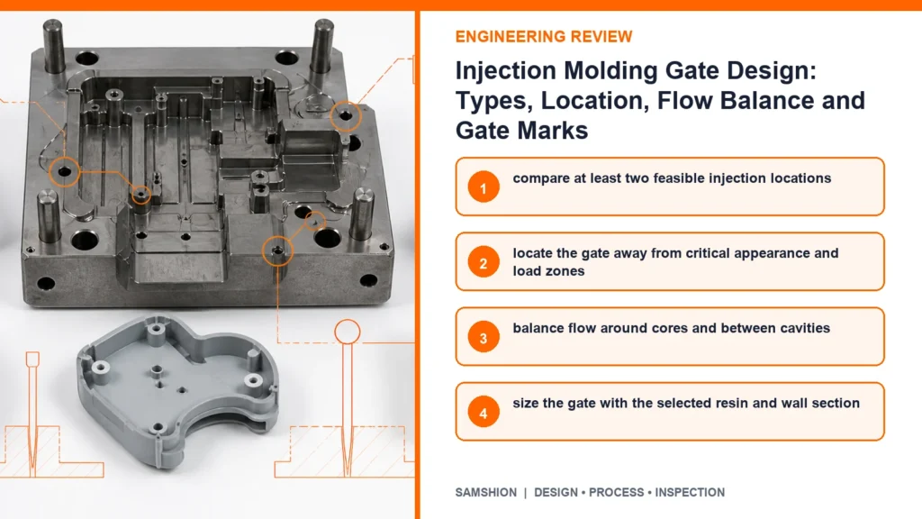 Engineering controls infographic for injection molding gate design
