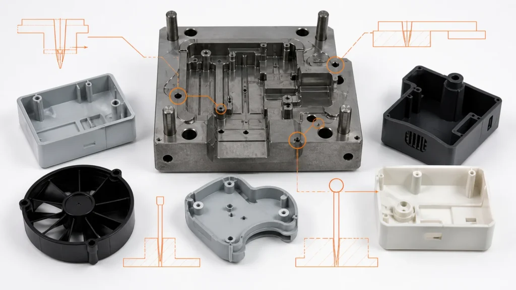 Engineering manufacturing scene illustrating injection molding gate design