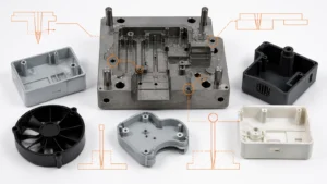 Engineering manufacturing scene illustrating injection molding gate design