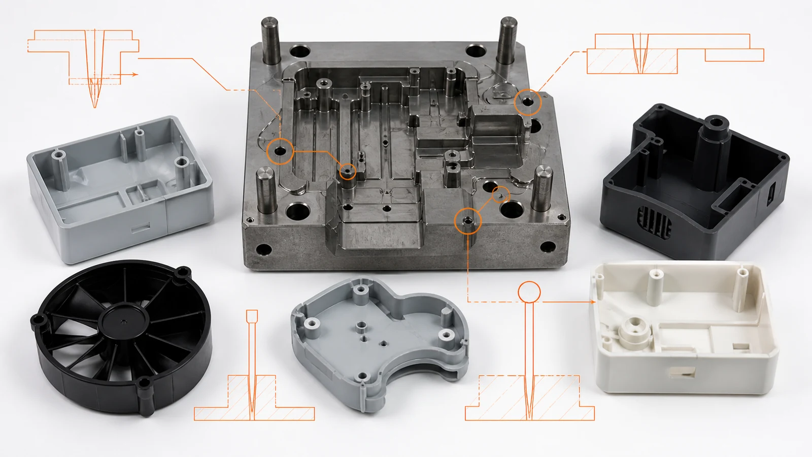 Engineering manufacturing scene illustrating injection molding gate design