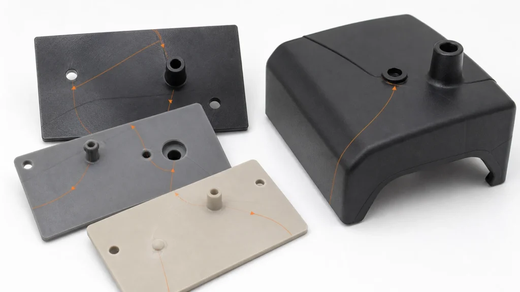 Engineering manufacturing scene illustrating injection molding weld lines