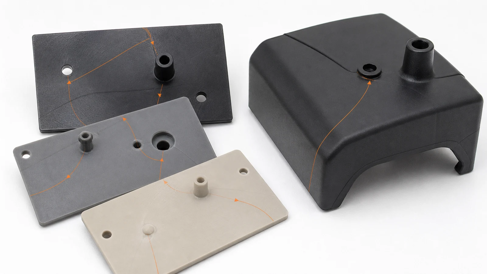 Engineering manufacturing scene illustrating injection molding weld lines