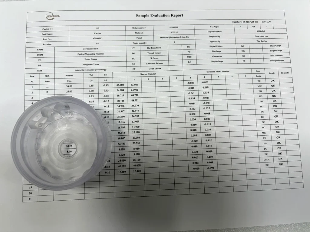 CNC part inspection record and sample evaluation report