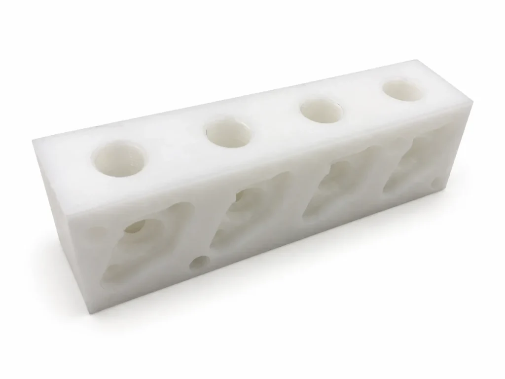 White POM component with four top holes and visible side channels