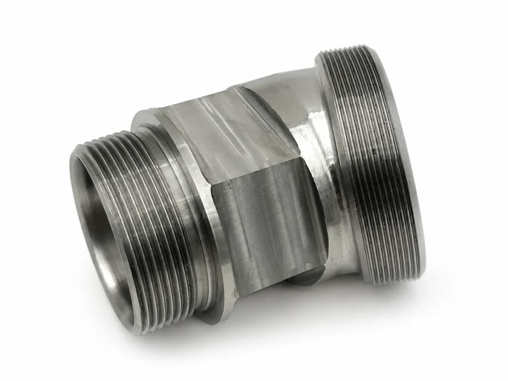Machined steel component with external threads and central wrench flats