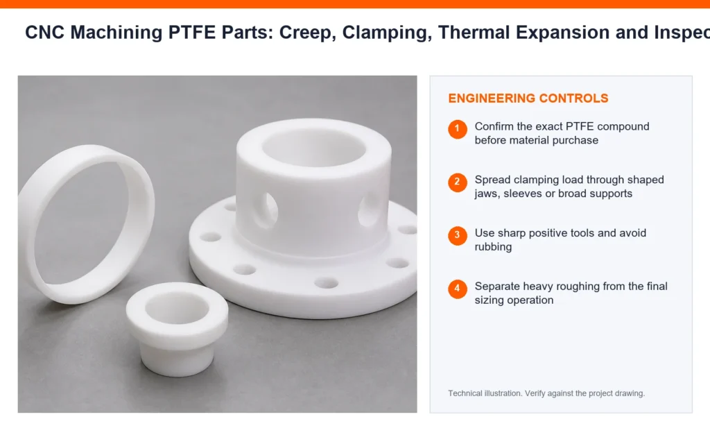 Orange engineering-control infographic for CNC machining PTFE parts