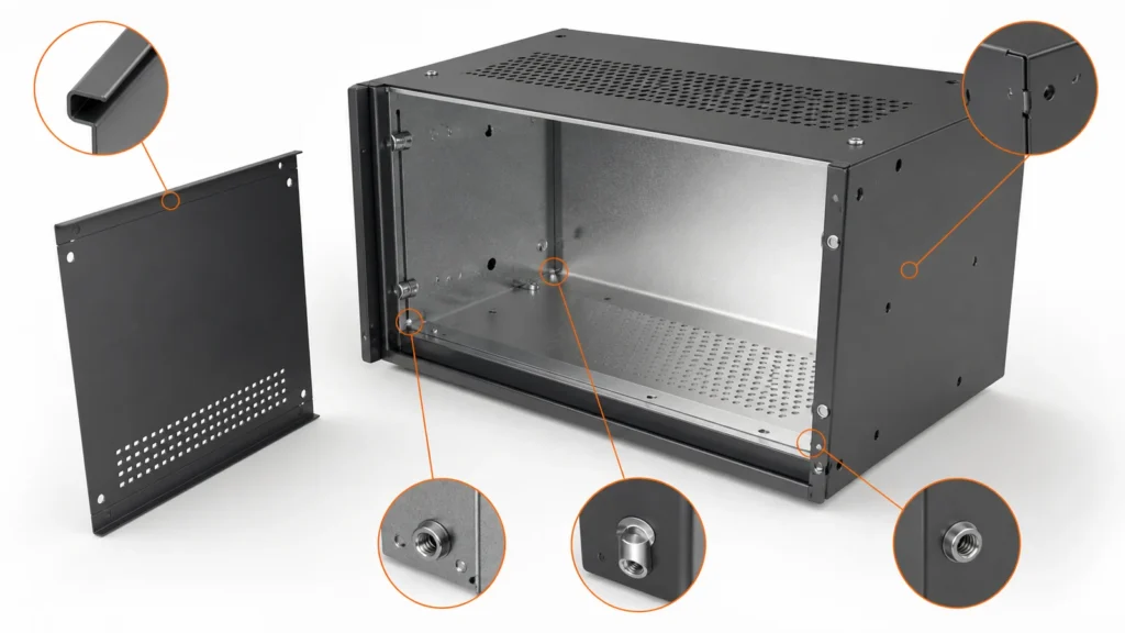 Sheet metal enclosure design with seams tabs and fasteners