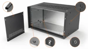 Sheet metal enclosure design with seams tabs and fasteners